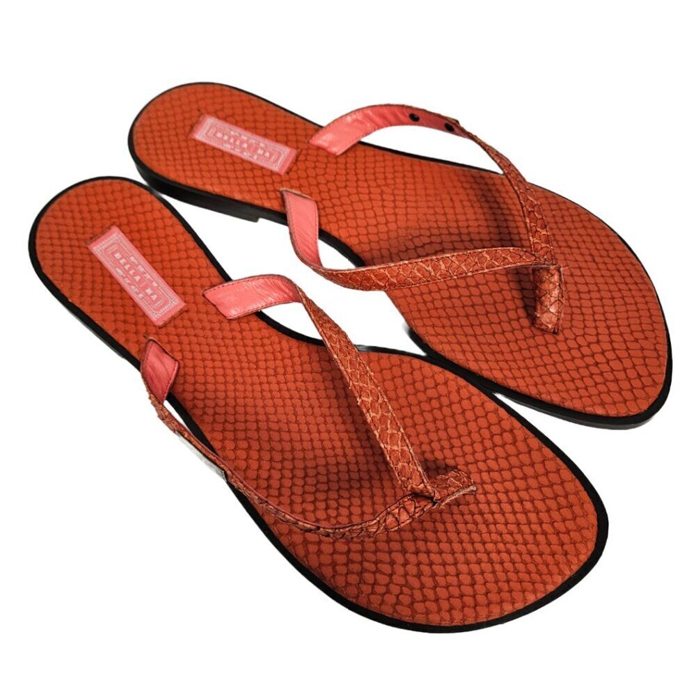 B|H Bella | Ha Red/Orange Snake Embossed Italian Leather Flip Flop Thong Sandal